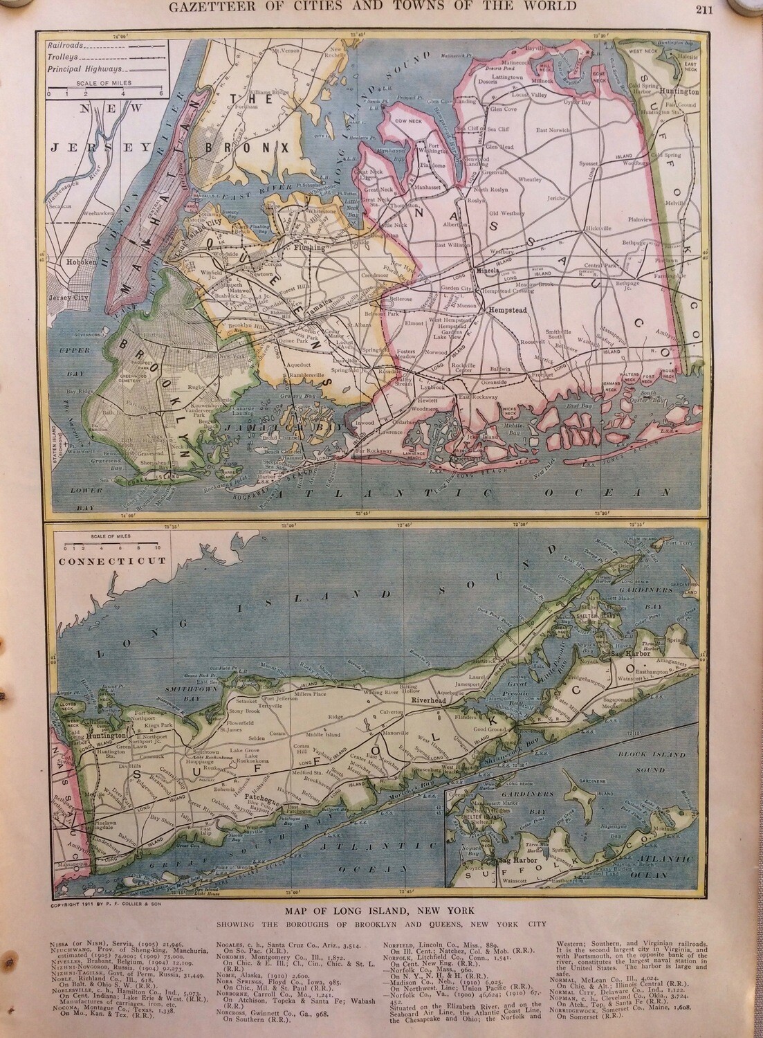1927 Map of Long Island, NY w/ hand water color , by Collins