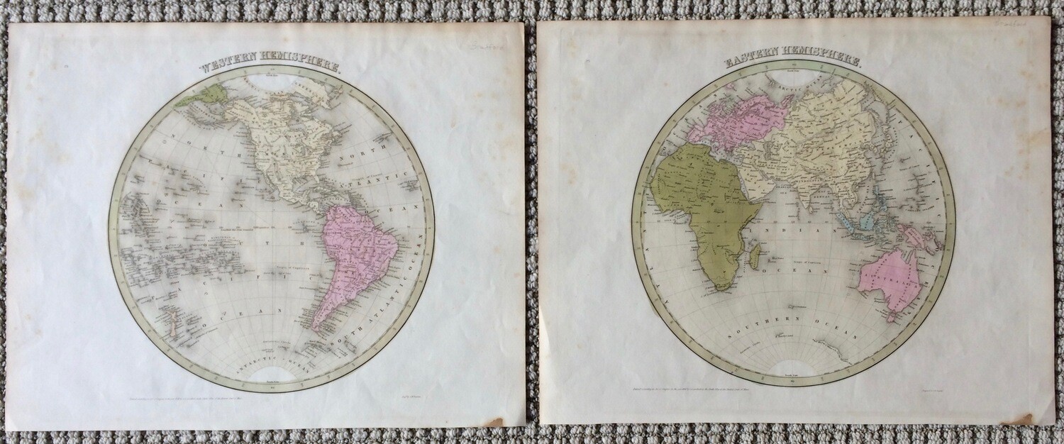 1841  Double Globular World Map-2 Sheet by Thomas Bradford