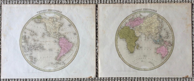 1841 Bradford Double Globular World Map-2 Sheet w/ original hand water color