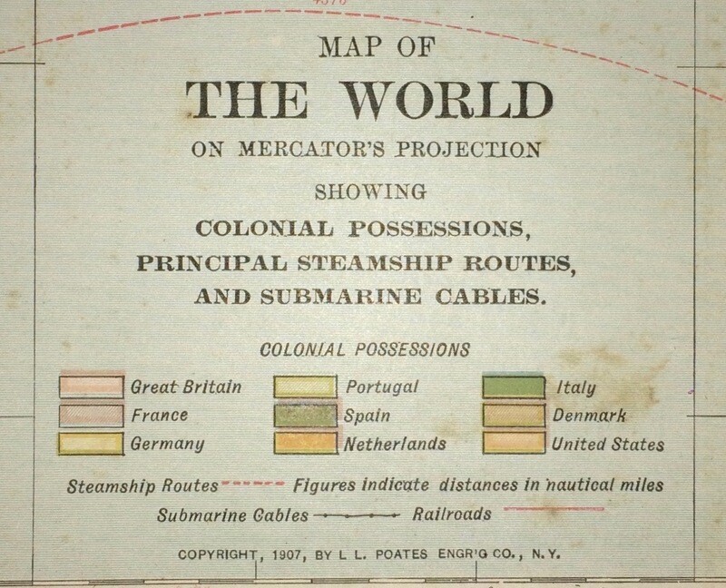 1914 World Map on Mercators Projection by LL Poates in Color Lithography