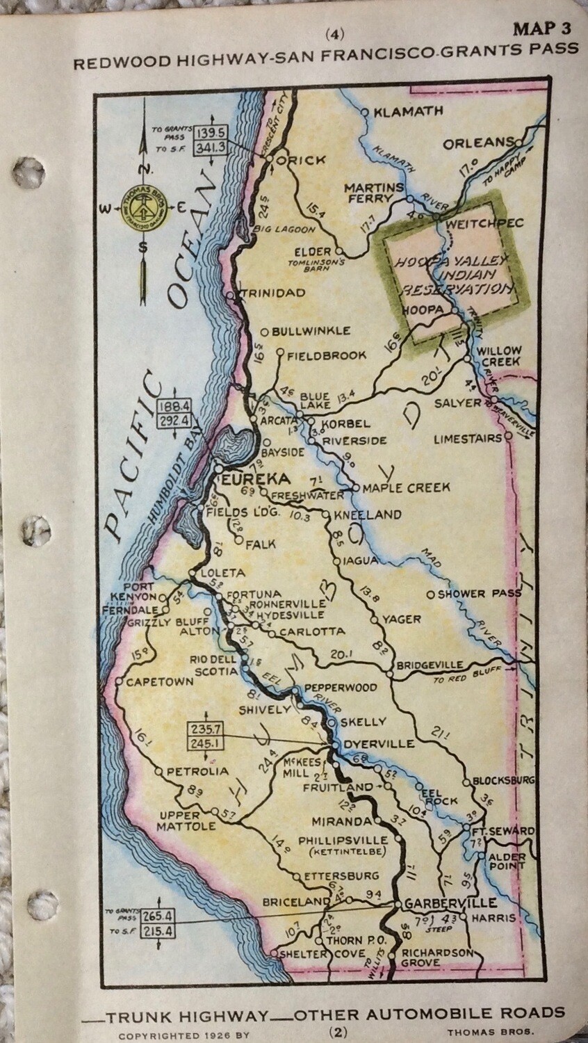 1930 Map of Coast Route SF-LA Map # 3 Eureka, Arcata, Garberville.