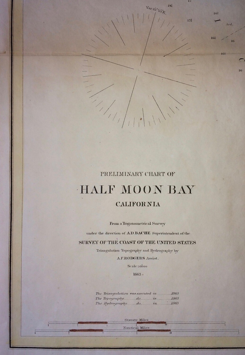 1863 USCS Map of Half Moon Bay by the USCS as a Folding Folio in Lithography, as Congressional Documents w/ hand water color