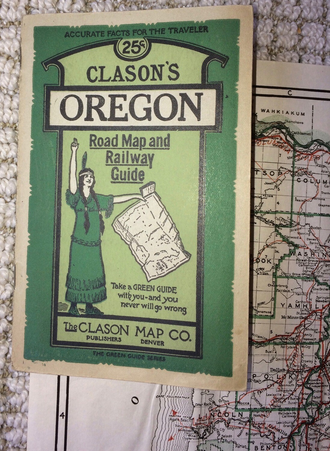 1920 Guide Map of Oregon by Clason&#39;s Map Company in 3 Color Lithography