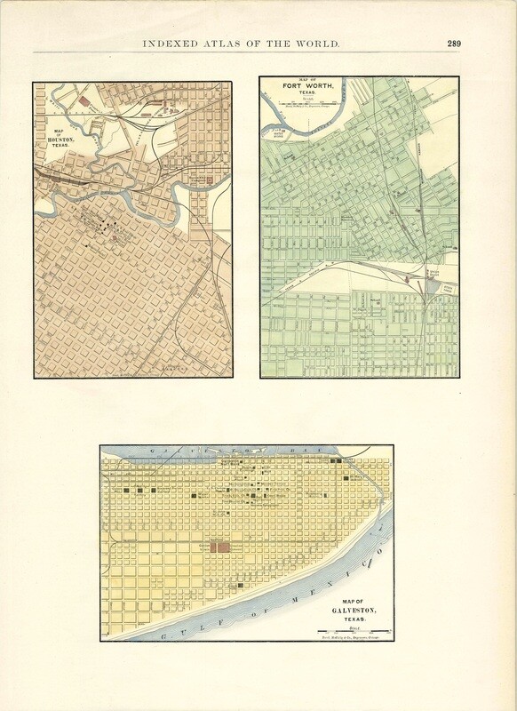 1892 Map of Houston, Fort Worth, and Galveston Texas by Rand McNally in Lithography with Hand Water Color