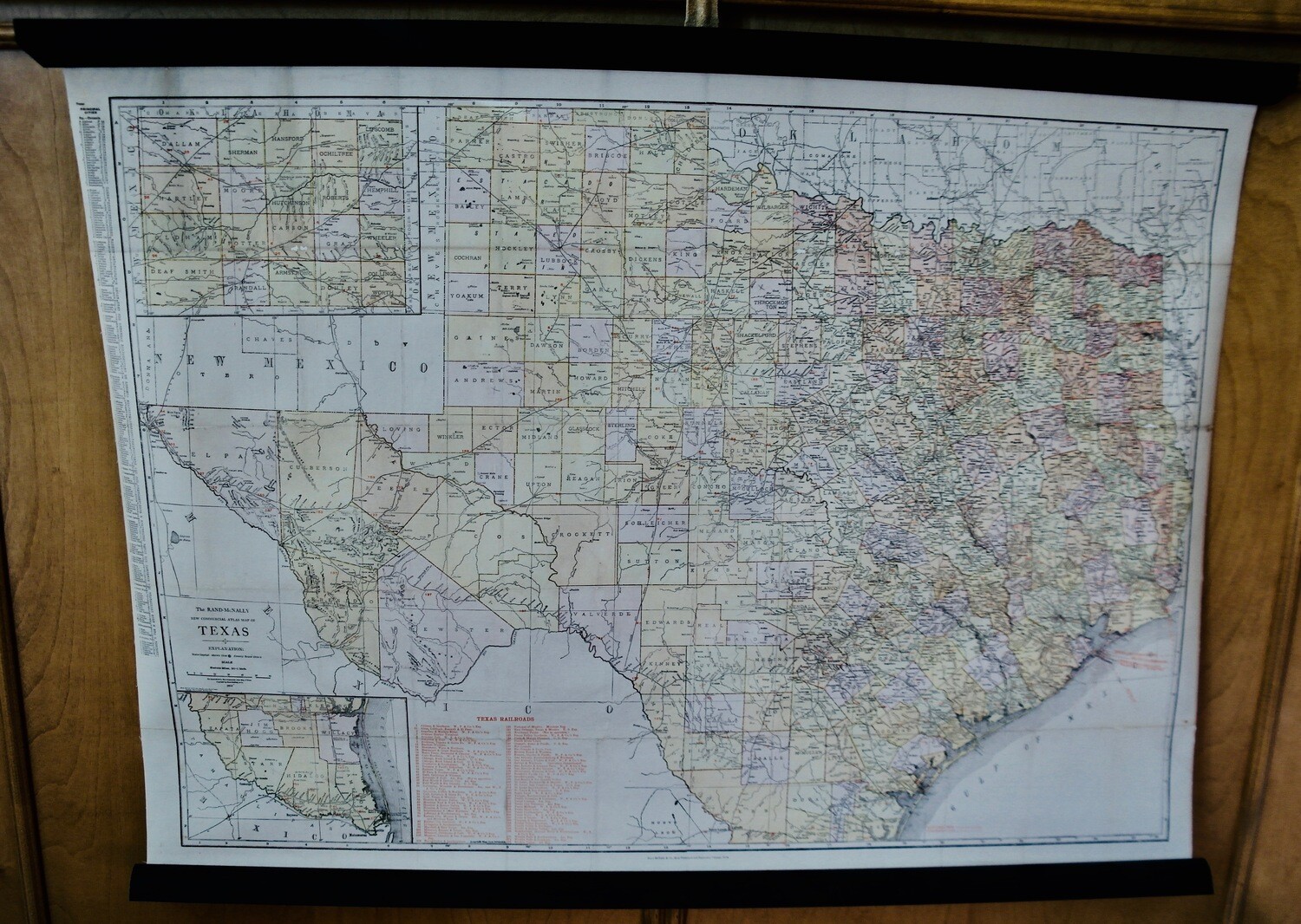 1914 (1903) Wall Map of Texas - Folding Railroad Map, Linen Backed &amp; Placed on Rails, by Rand McNally in Color Lithography