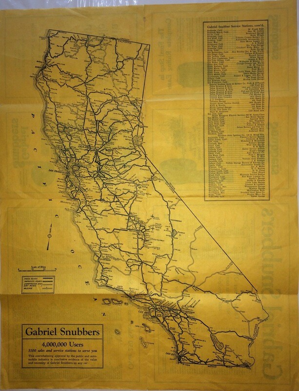 1919 Folding Map of California Roads Compliments of G.Snubber in Lithography on Yellow Paper