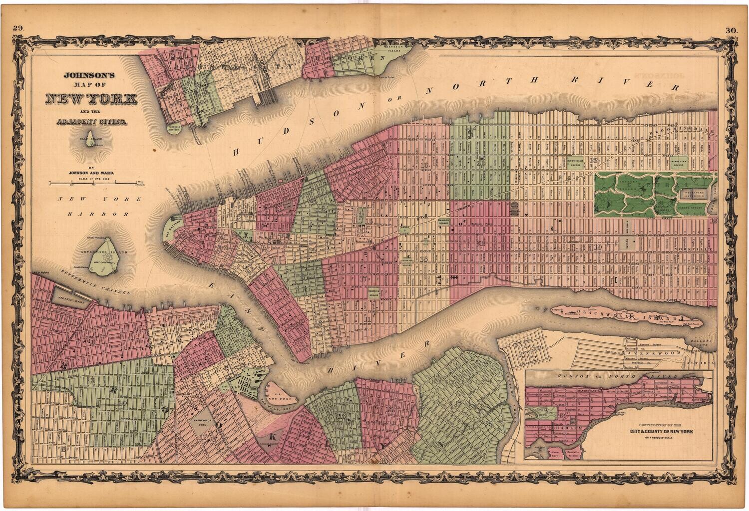 1862 Map of New York City by Johnson &amp; Ward in Steel engraving w/ OHC