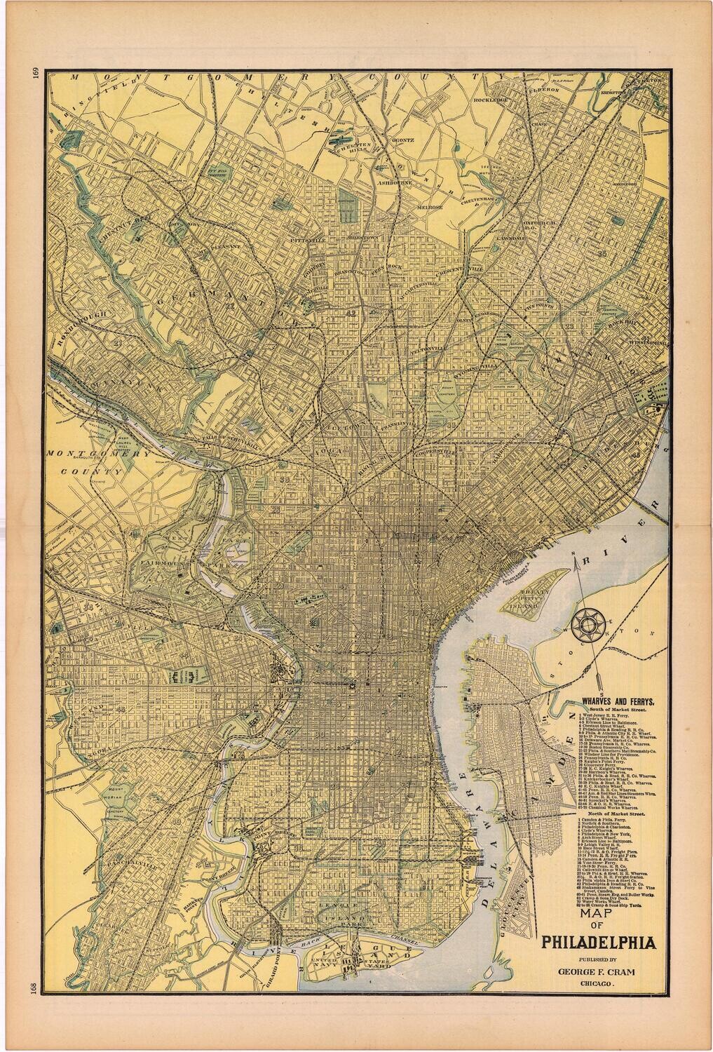 1903 Map of Philadelphia , Pa. by Geo.Cram in Color Lithography
