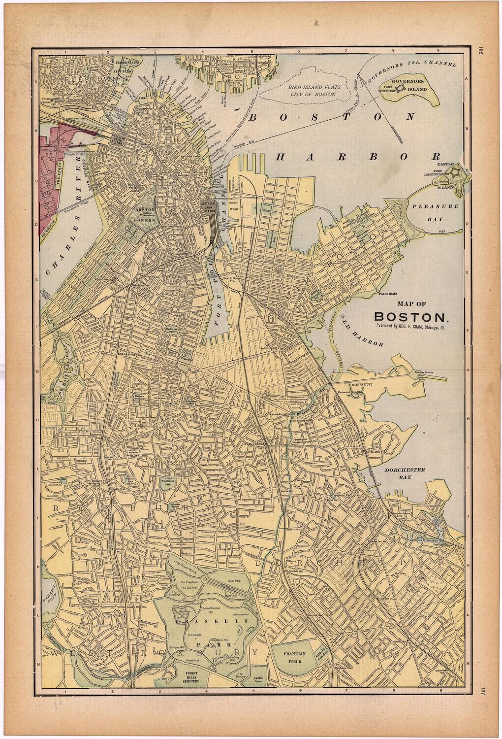 1903 Map of Boston , Mass. by Geo.Cram in Color Lithography
