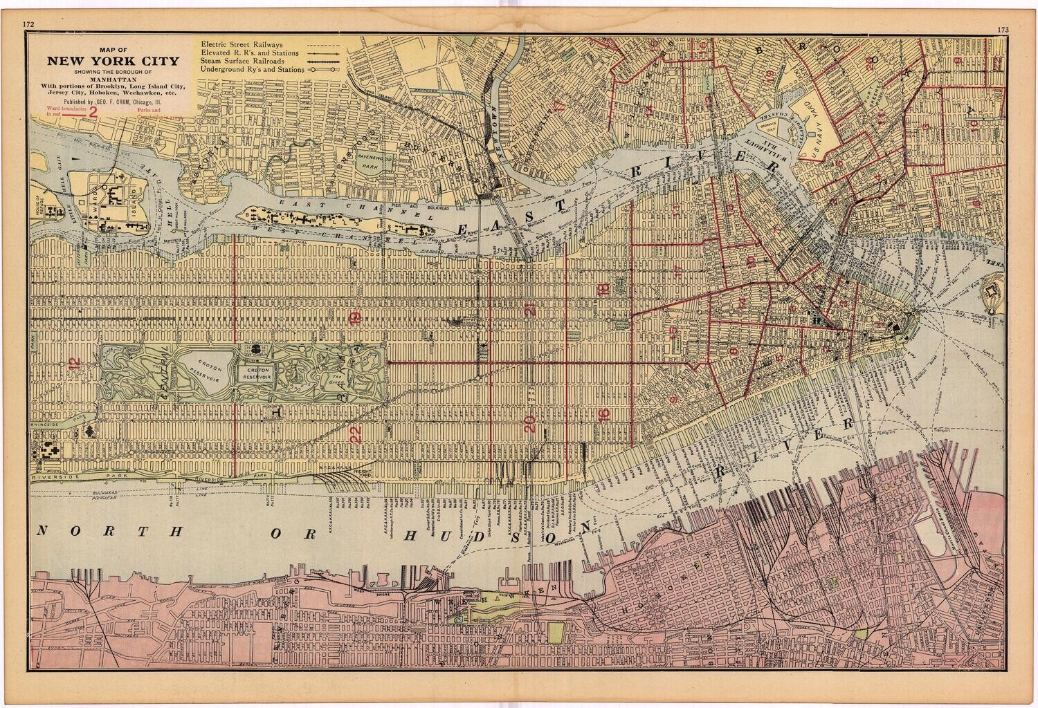 1903 Map of New York City - Manhattan, Ny by Geo.Cram in Color Lithography