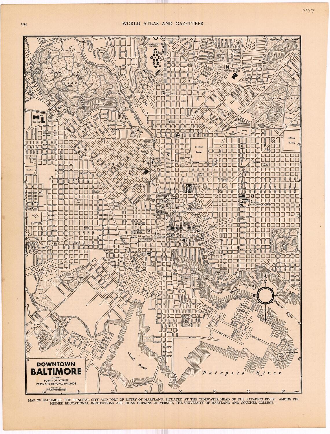 1921 Map of Downtown Baltimore from the Gazetteer of Cities &amp; Towns