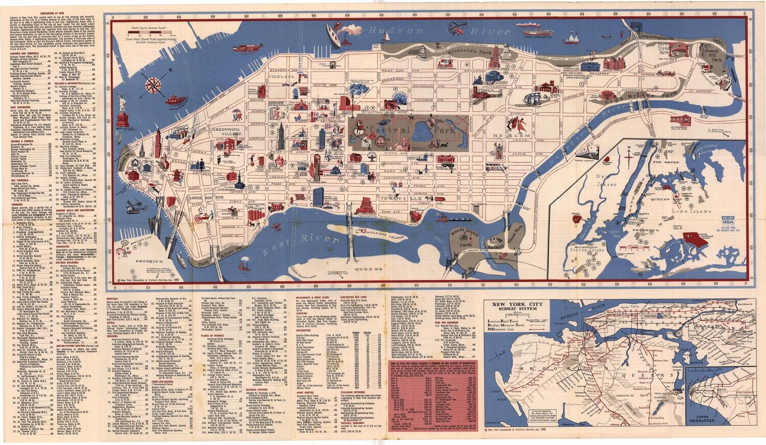 1965 New York City Illustrated Map of Manhattan