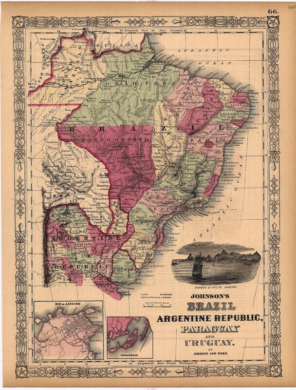 1860 Brazil, Argentine Rep, Paraguary &amp; Uruguay by Johnson &amp; Ward in Steel Engraving w/ OHC