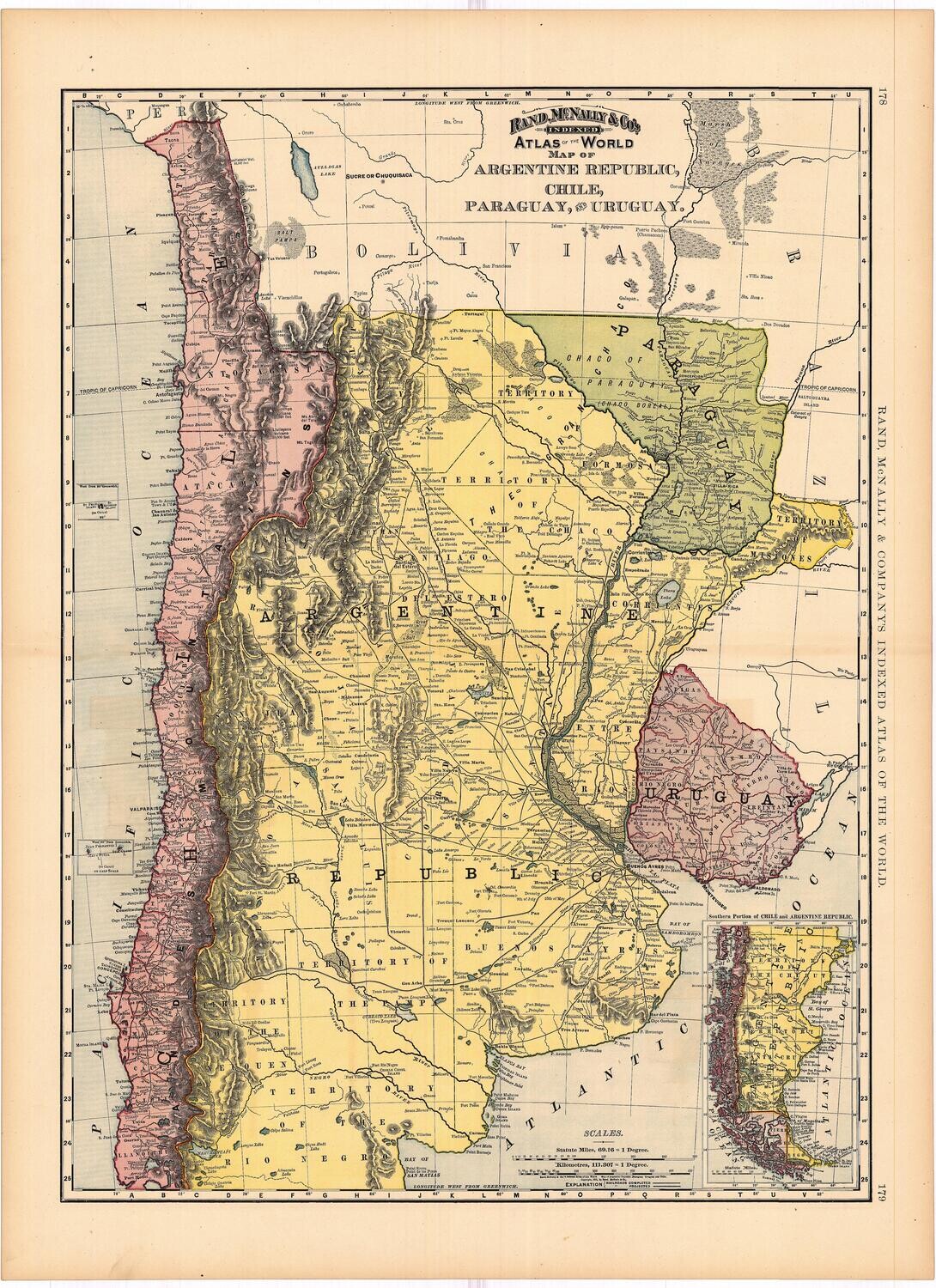 1892 Map of Argentine Republic, Chile, Paraguay &amp; Uraguay by Rand McNally in Color Lithography
