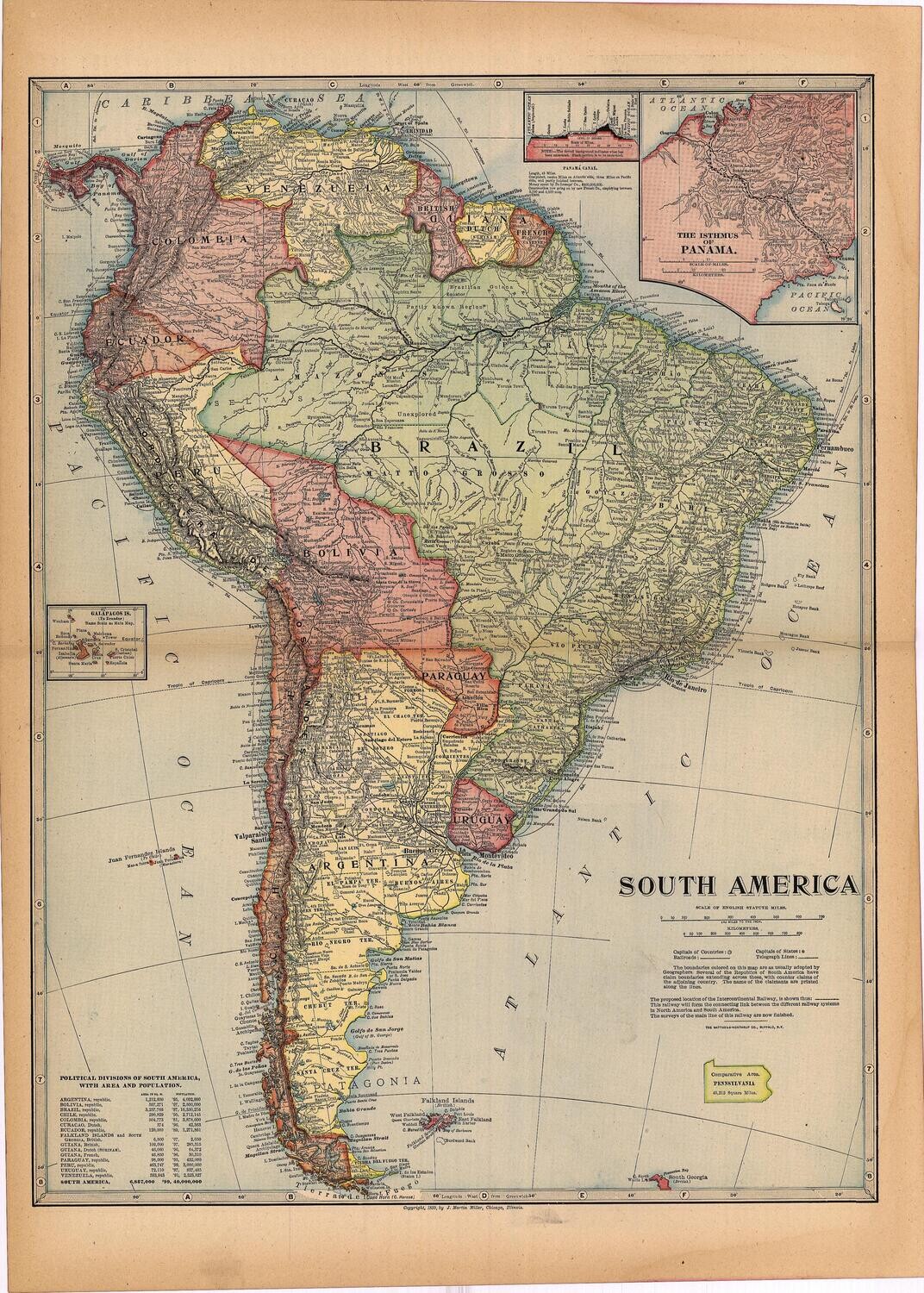 1903 (1899) Map of South America by the Martin MIller Co. in Color Lithography