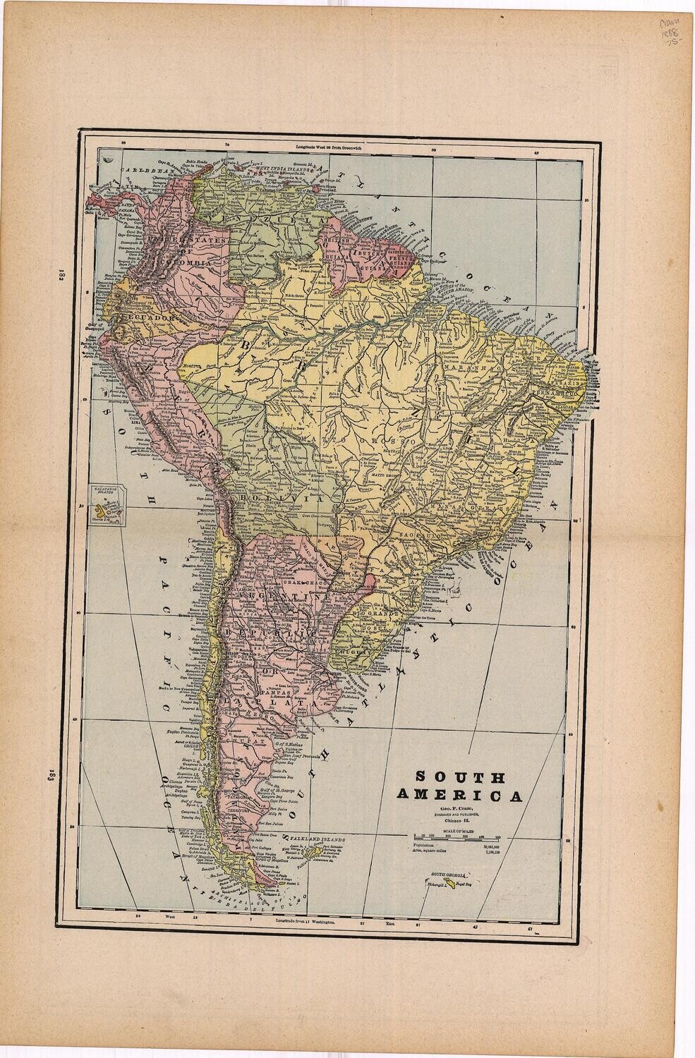 1887 Map of South America by George Cram 