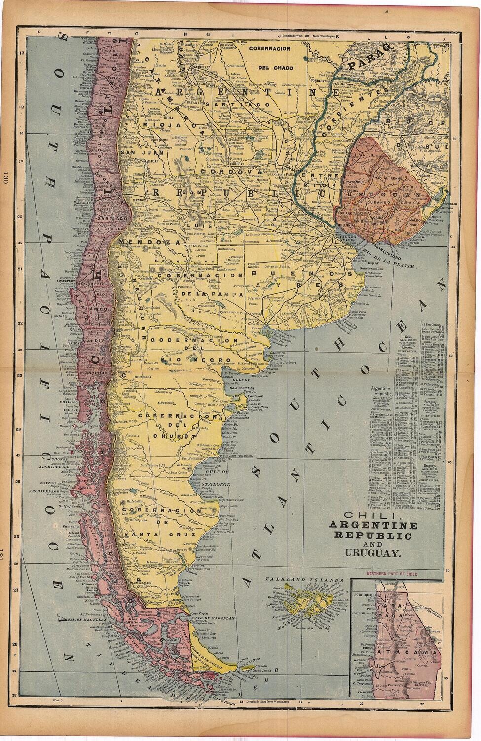1899 Map of Chile, Argentina &amp; Uruguay by Geo.Cram in Color Lithography