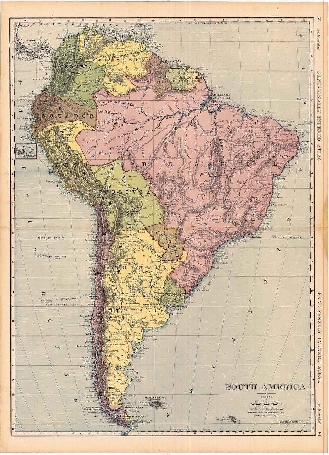 1905 Map of South America by Rand McNally in Color Lithography