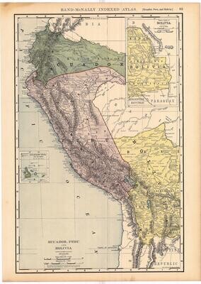 1906 Map of Ecuadore , Peru &amp; Bolivia by Rand McNally in Color Lithography