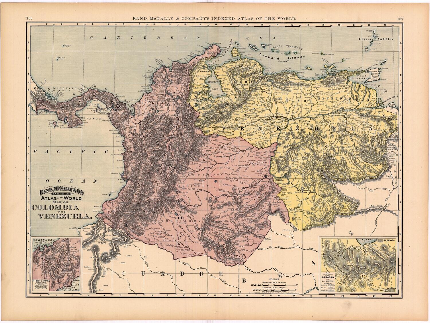 1912 Map of Colombia &amp; Venezuela by Rand McNally in Chromolithography