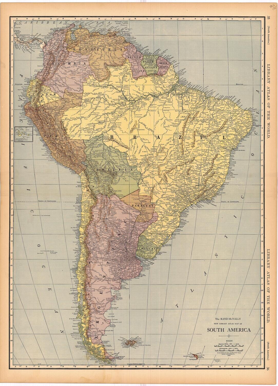 1912 South America by Rand McNally in Chromolithography