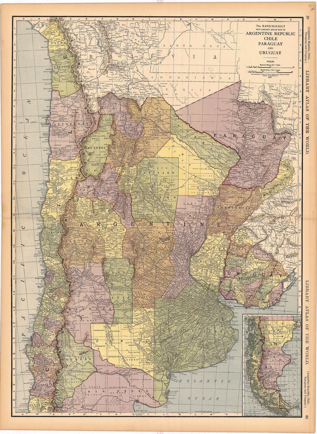 1912 Map of the Argentine Republic, Chile, Paraguay &amp; Uruguay by Rand McNally in Chromolithography