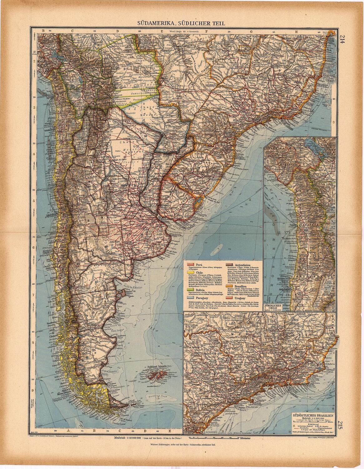 1923 Map of Chile, Argentina, Patagonia by Stieler in Chromolithography in German