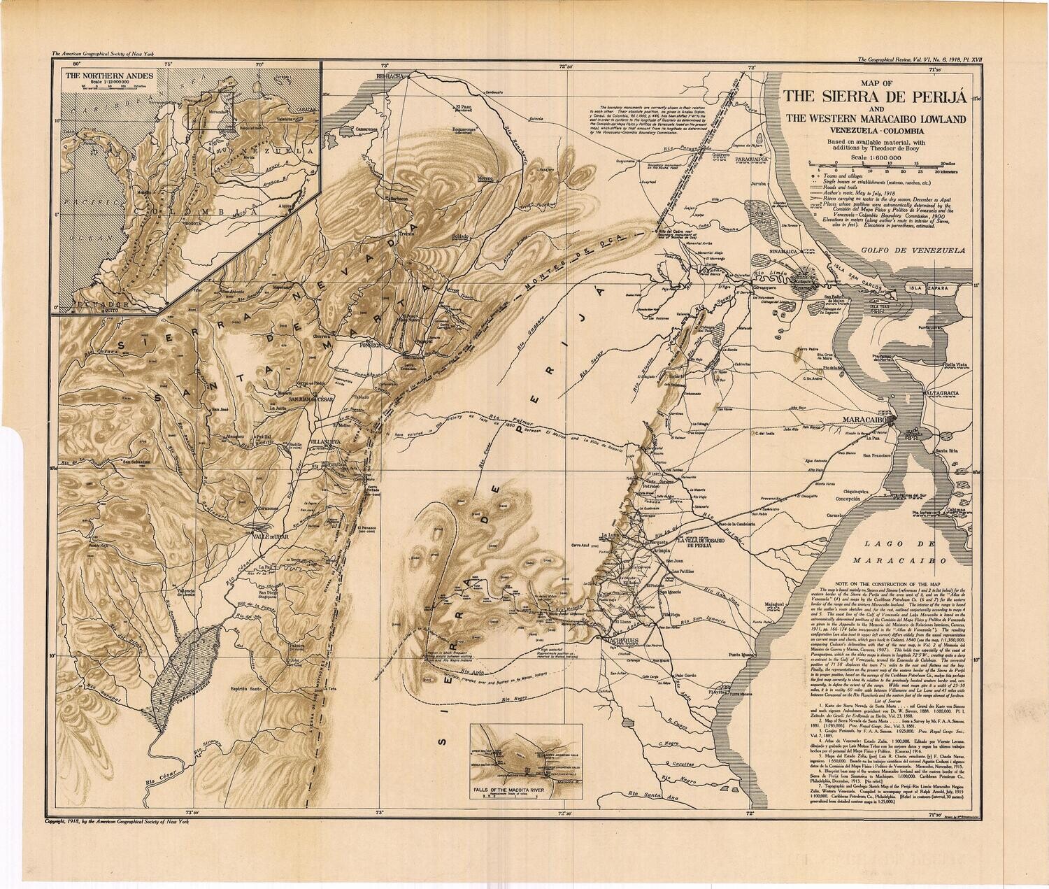 1918 Map of the Sierra de Perija, Venezuela-Colombia by The American Geographical Society of New York in Color Lithography