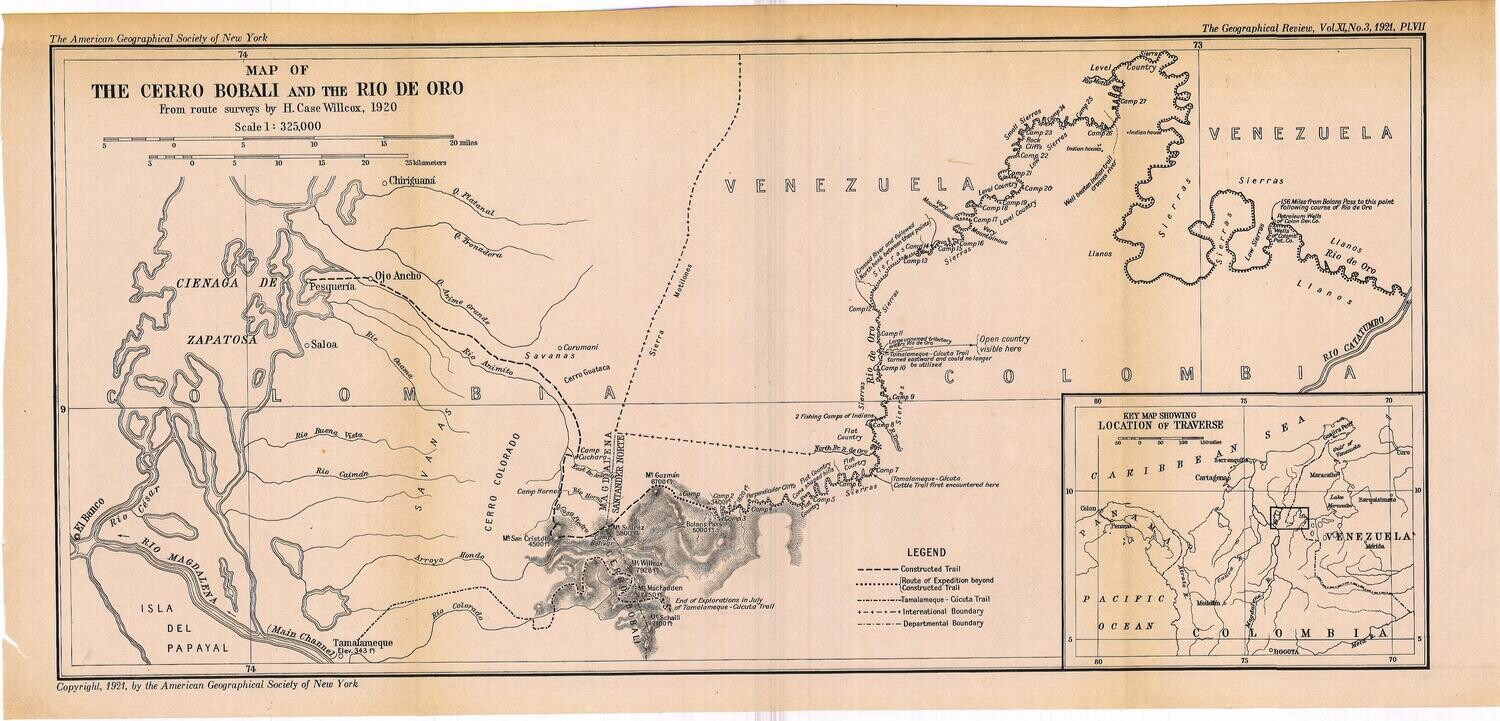 1921 Map of the Cerro Borali and the Rio de Oro, Venezuela by The American Geographic Society of New York in Lithography