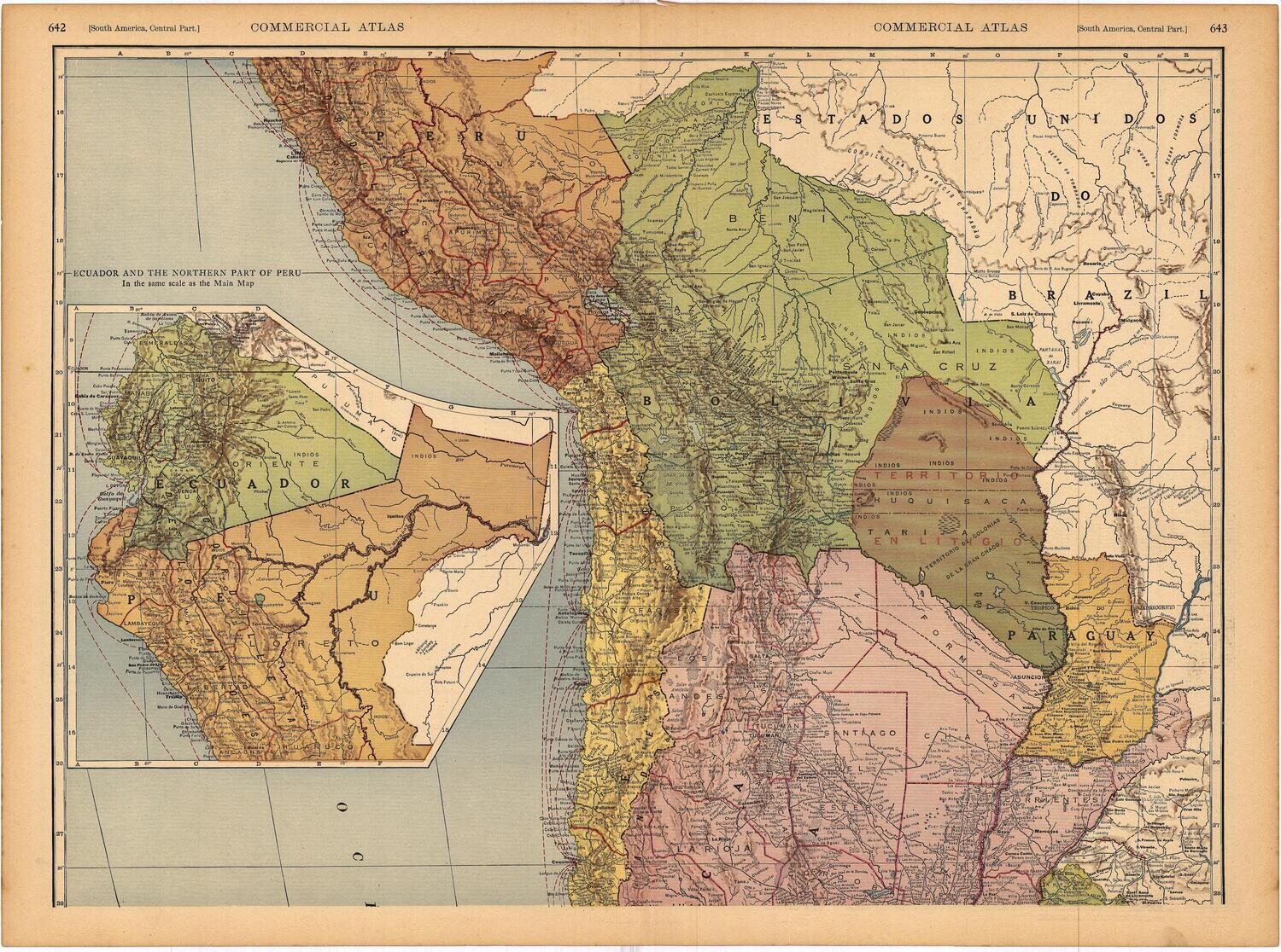 1924 Central Part of South America by Rand McNally in chromolithography
