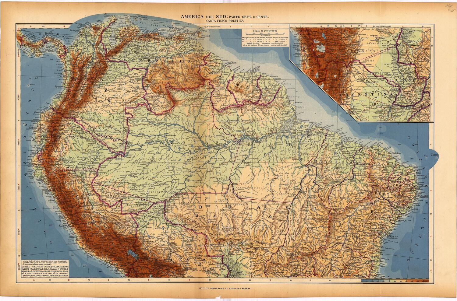 1934 Amer del Sud Parte Sett. EC Fisico-Politica Geo Instit Agostini chromolith