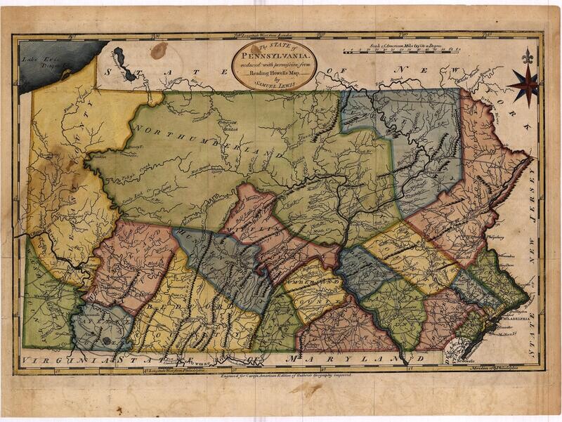 1795 Map of the State of Pennsylvania by Samuel Lewis from Careys American Atlas w/hc