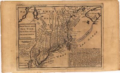 1729 Map of Postal Routes in New England by Hermann Moll