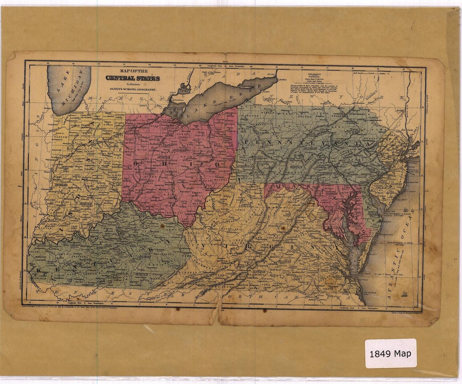 1849 (1844) Map of the Central States by Olney
