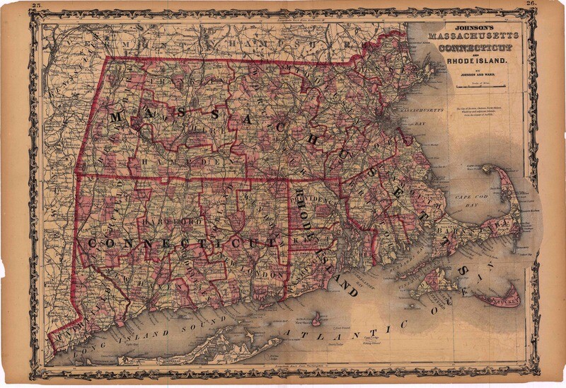 1860 Massachusetts, Connecticut &amp; Rhode Island by Johnson &amp; Ward in Steel engraving  w/OHC