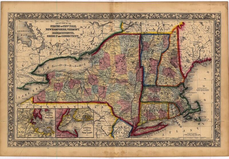 1860 County Map of New York, New Hampshire &amp; Vermont by Mitchell in Steel Engraving w/OHC