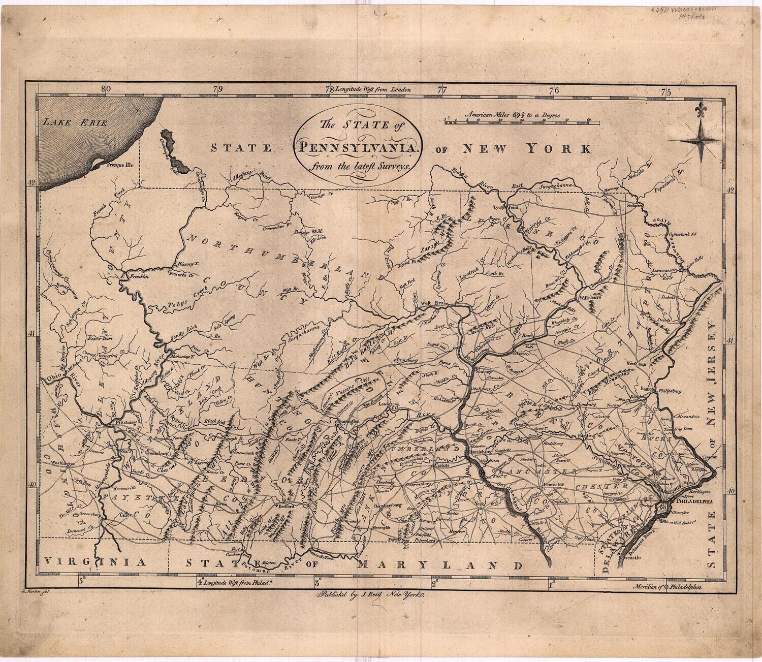 1796 Map of Pennsylvania from the latest Survey&#39;s by J. Reed- NY