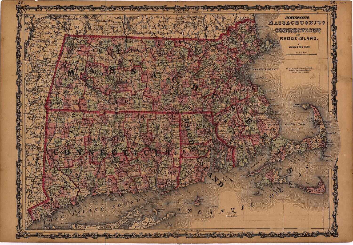 1864 Map of Massachusetts, Connecticut &amp; Rhode Island by Johnson &amp; Ward in Lithography w/OHC