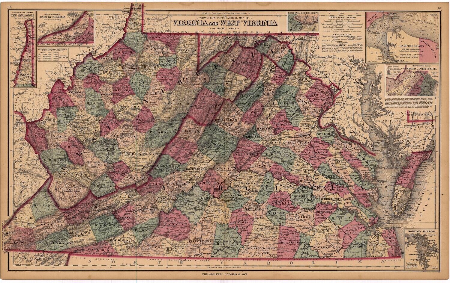 1877 Virginia &amp; West Virginia by O.W. Gray in Lithography w/OHC