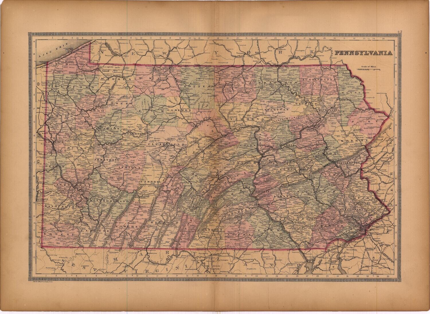 1886 Map of Pennsylvania by Bradley&#39;s