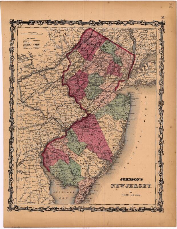 1862 Map of New Jersey by Johnson &amp; Ward in Lithography w/ OHC