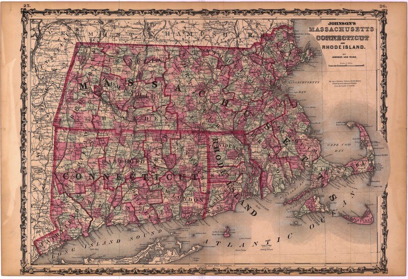 1862 Map of Massachusetts, Connecticut &amp; Rhode Island by Johnson &amp; Ward in Lithography w/ OHC