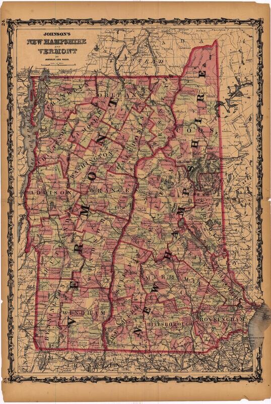 1862 Map of Vermont &amp; New Hampshire by Johnson &amp; Ward in Lithography w/ OHC
