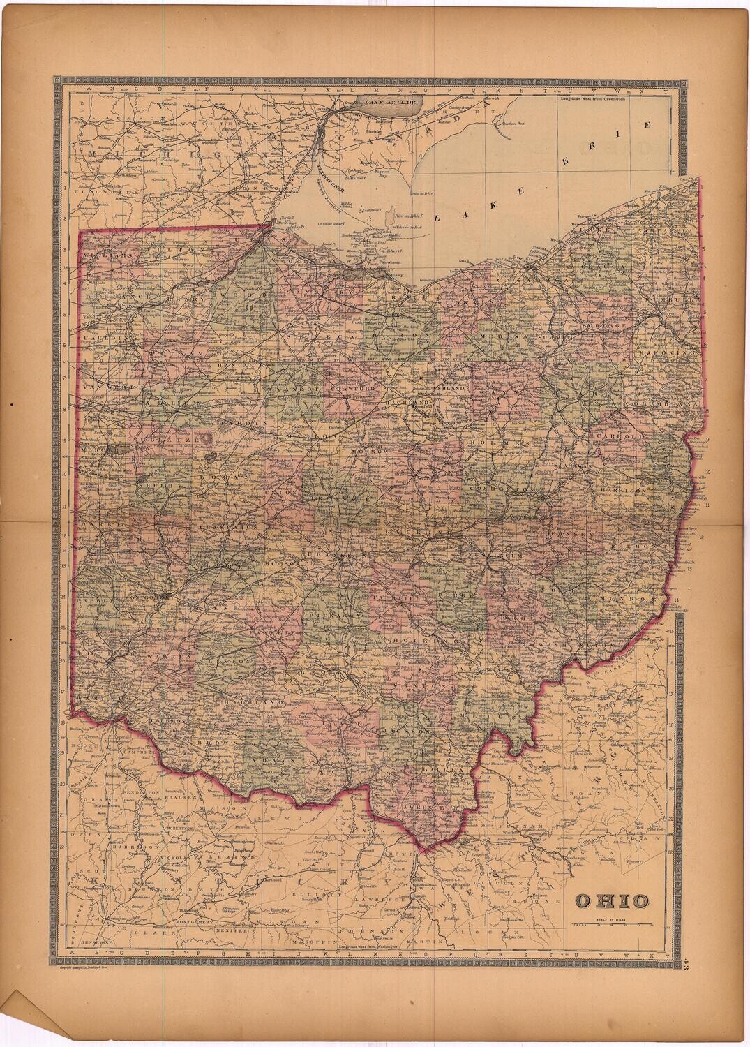 1886 Map of Ohio by Bradley&#39;s