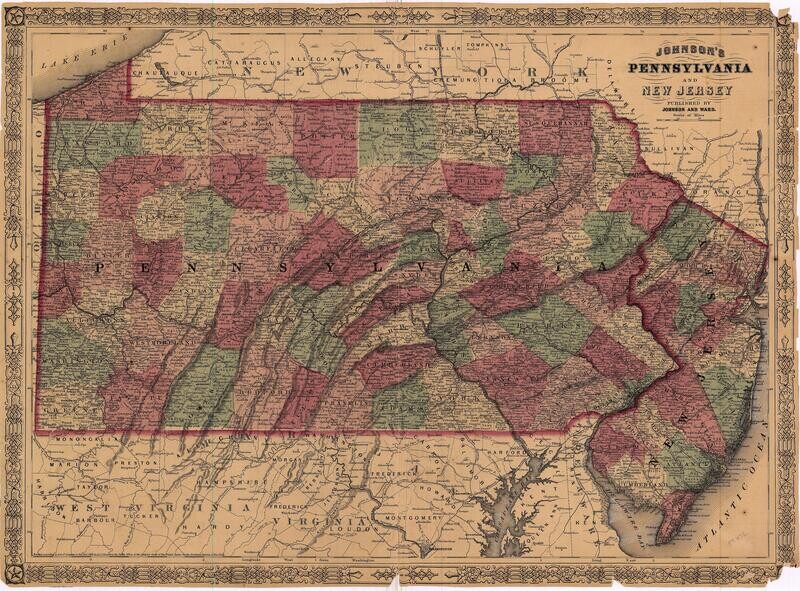 1863 Map of Pennsylvania &amp; New Jersey  by Johnson &amp; Ward in Steel Engraving w/OHC