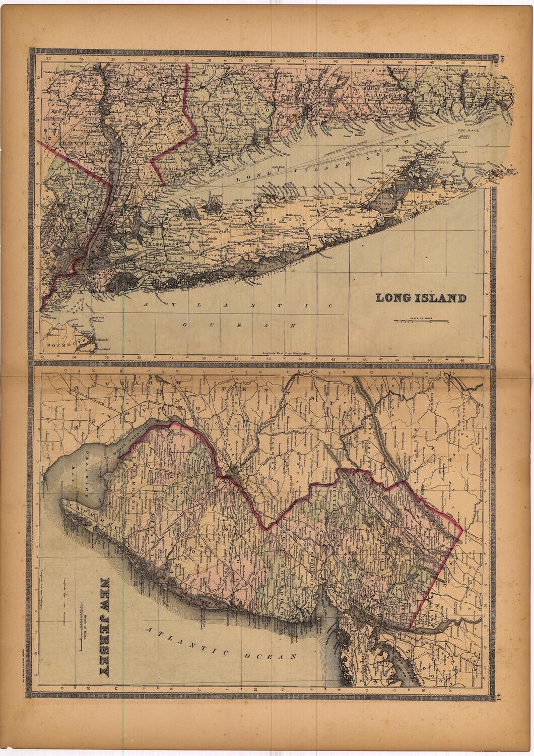 1886 Map of  Long Island &amp; New Jersey by Bradley's