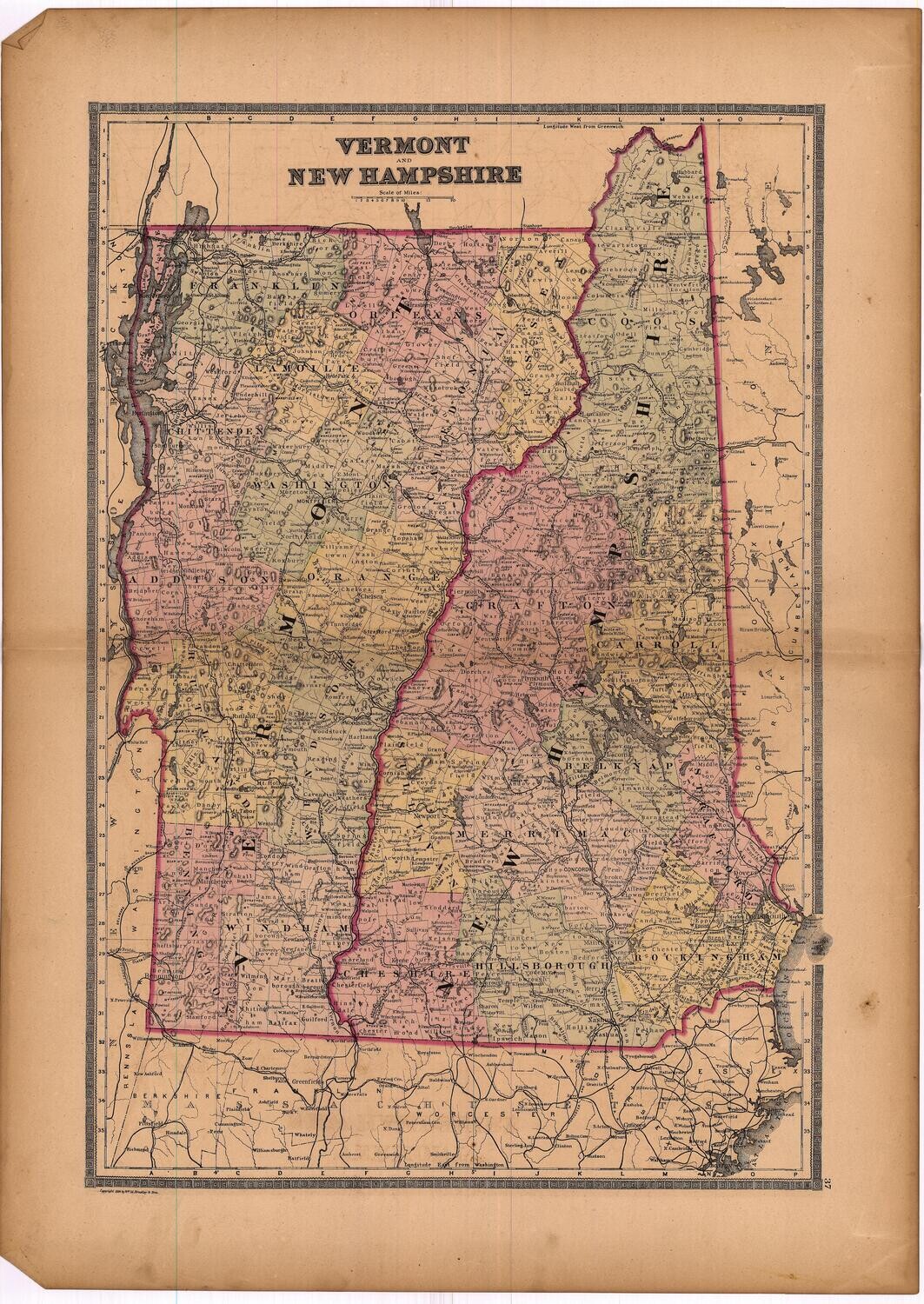 1886 Map of Vermont &amp; New Hampshire by Bradley&#39;s in Lithography