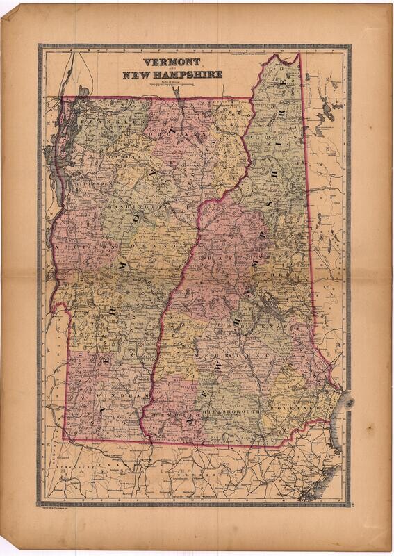 1886 Map of Vermont &amp; New Hampshire by Bradley's in Lithography