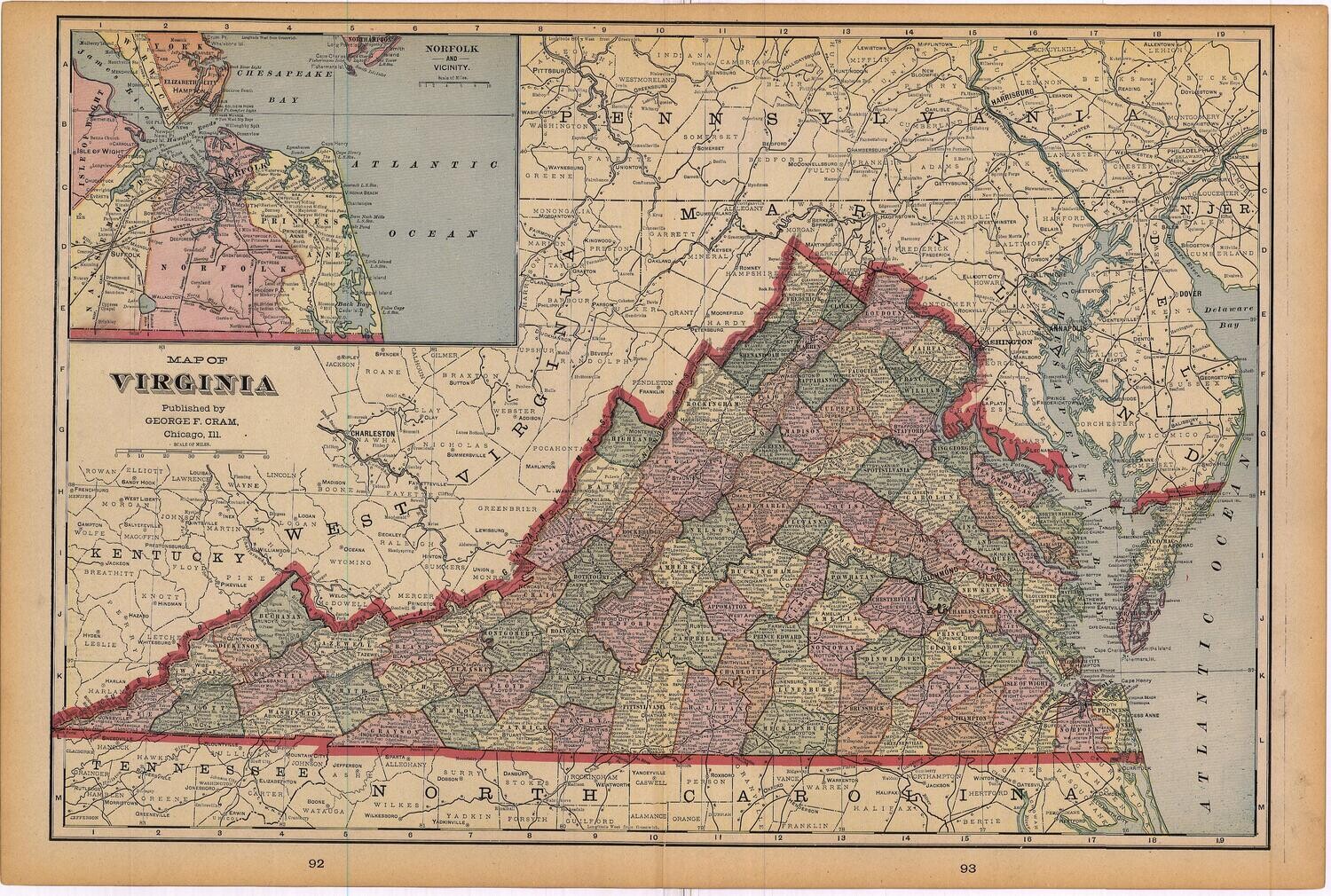 1903 Map of Virginia by Geo.Cram in Color Lithography