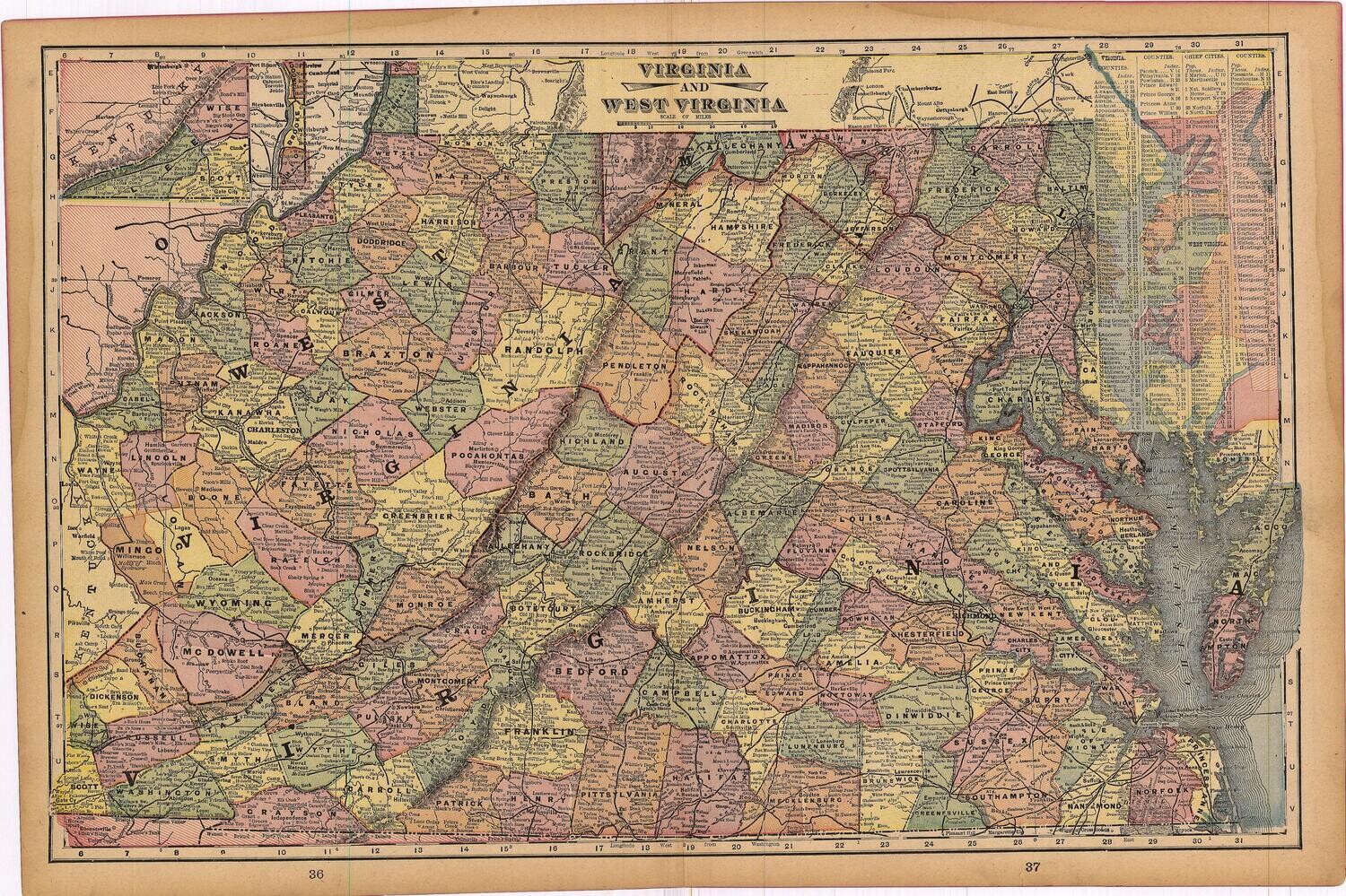 1903 Map of West Virginia &amp; Virginia by Geo.Cram in Color Lithography